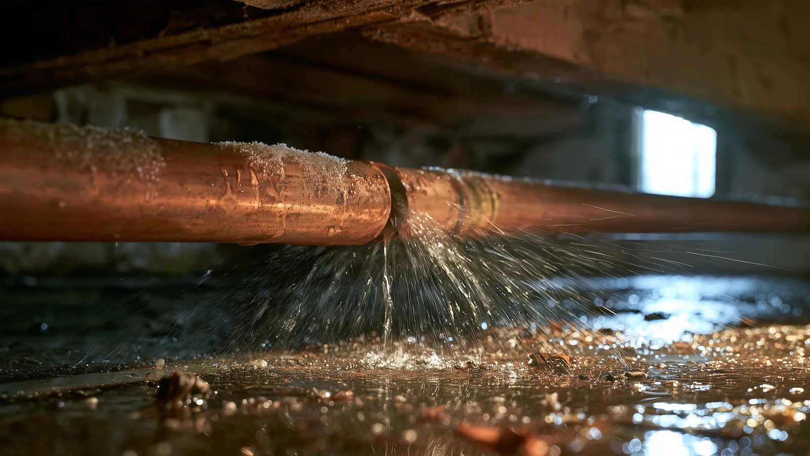 Frosted copper pipe spraying water from a split in a basement