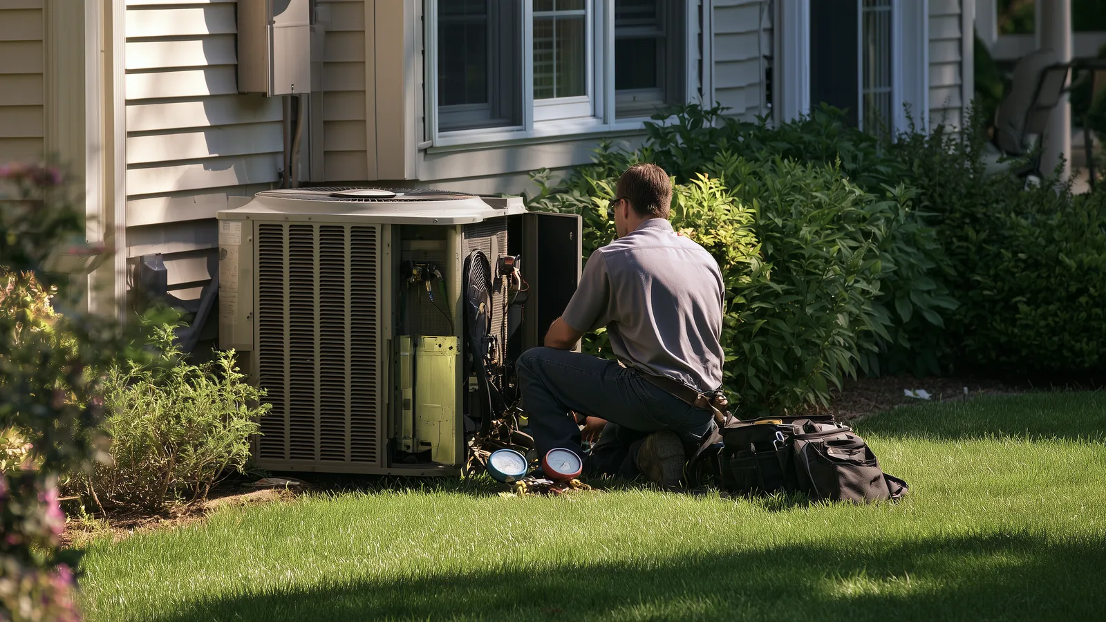 HVAC technician servicing an outdoor air conditioner unit beside a house