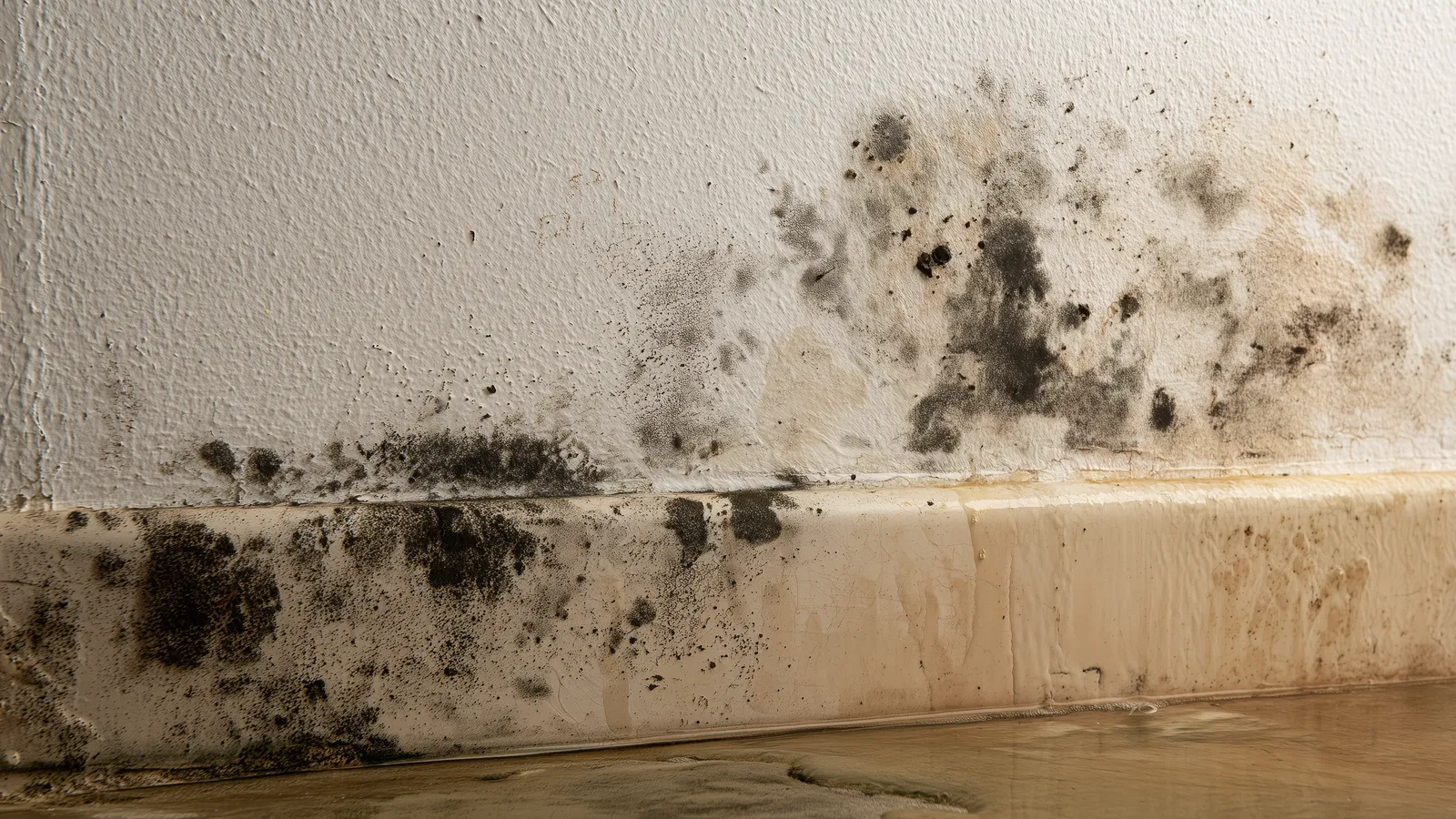 Dark mold spots spreading across a wall above a water-stained baseboard