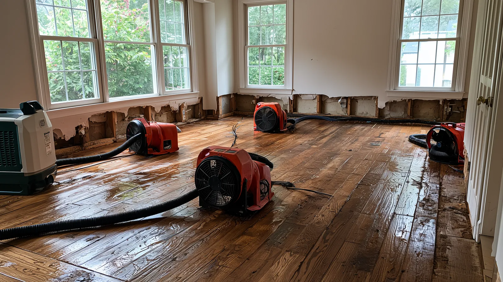 Air movers and a dehumidifier drying a wet hardwood floor with the lower drywall cut away